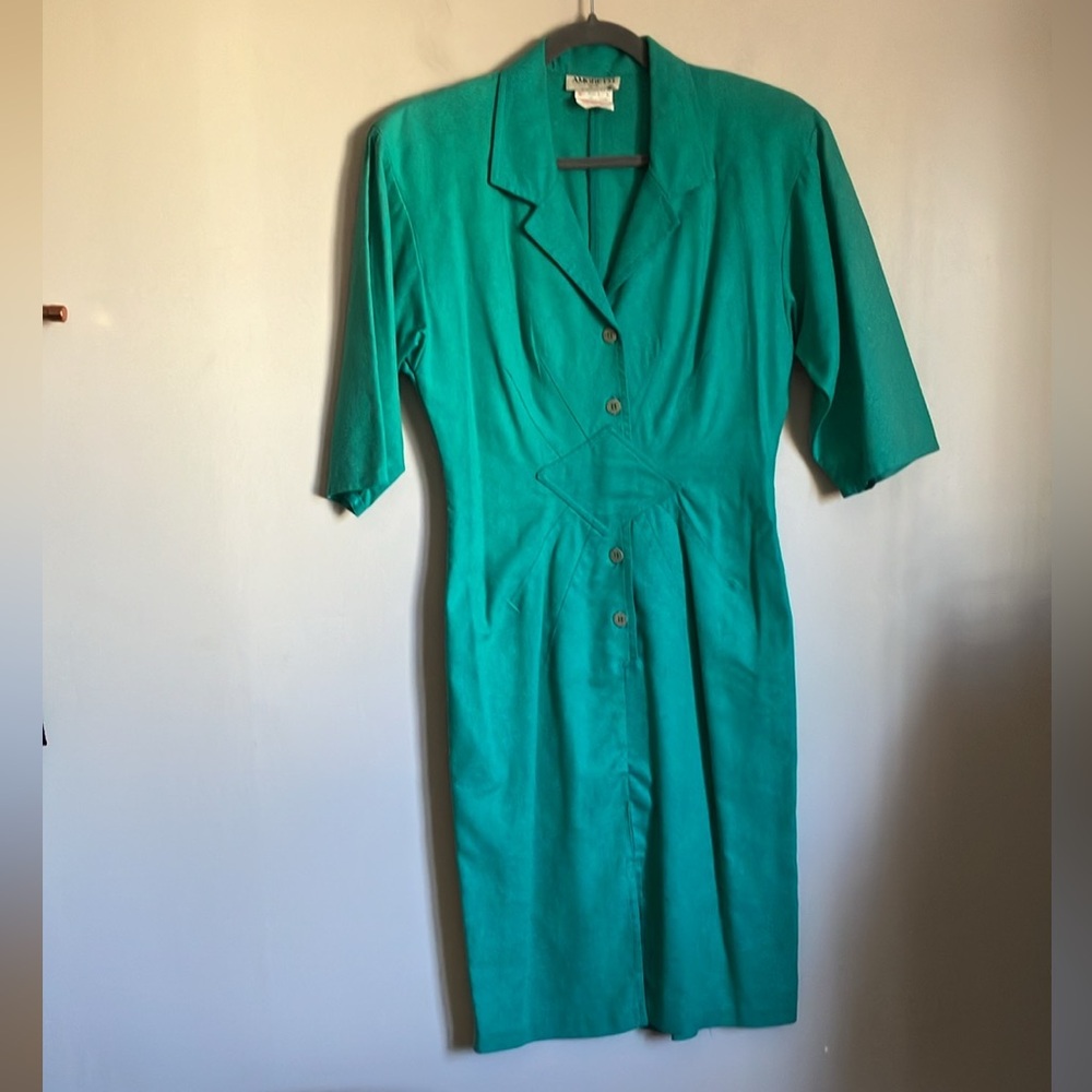 Vintage dress silk Amoretti Turquoise green Silk half sleeve retro 80s - Picture 2 of 15